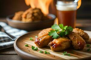 chicken wings with sauce and garnish on a wooden plate. AI-Generated photo