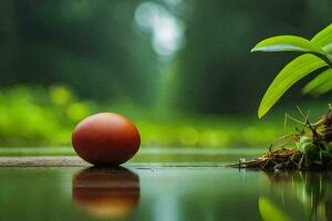 a red ball sits on the edge of a pond. AI-Generated photo