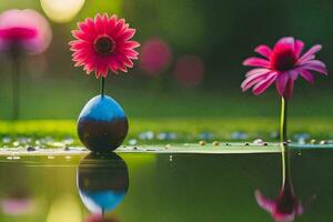 two pink flowers are sitting in a vase on the water. AI-Generated photo