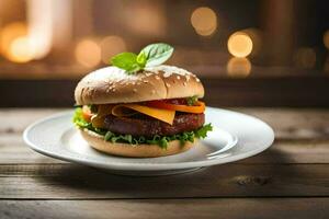 a hamburger on a plate with a light background. AI-Generated photo