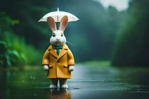 a rabbit in a raincoat holding an umbrella. AI-Generated photo