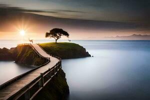 a long wooden pier with a tree on the edge of the ocean. AI-Generated photo