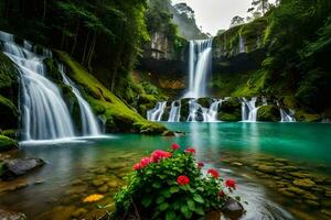 beautiful waterfall in the jungle with flowers in the water. AI-Generated photo