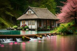 a small house sits on the edge of a lake with pink flowers. AI-Generated photo