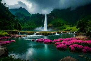 the waterfall in the middle of the river is surrounded by pink flowers. AI-Generated photo