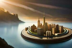 a city floating in the middle of a lake. AI-Generated photo