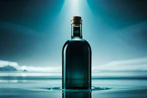 a bottle of blue liquid sitting on the surface of water. AI-Generated photo