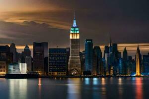 the empire state building is lit up at night. AI-Generated photo