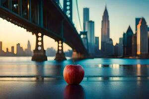 an apple sits on the ground in front of a city. AI-Generated photo