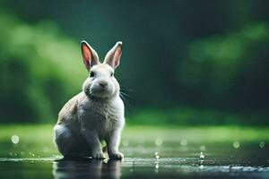 a white rabbit sitting on the ground in the rain. AI-Generated photo