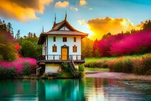 a house sits on the edge of a lake with colorful flowers. AI-Generated photo