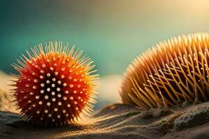 two spiky sea urchins on the beach. AI-Generated photo