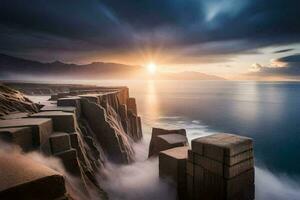 the sun sets over a rocky cliff with waves crashing into it. AI-Generated photo