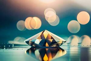 a diamond is reflected in water with bokeh lights. AI-Generated photo