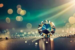 a diamond is sitting on a table with bokeh. AI-Generated photo