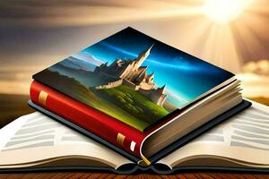 the book is open with a castle on top of it. AI-Generated photo