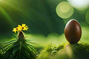 a brown egg is sitting on a mossy green grass. AI-Generated photo