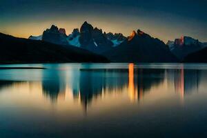 el montañas son reflejado en el agua a puesta de sol. generado por ai foto