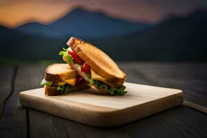 a sandwich on a wooden board with mountains in the background. AI-Generated photo