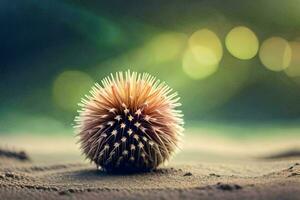 a spiky ball of grass on the sand. AI-Generated photo