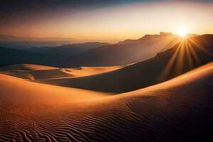 the sun rises over the sand dunes in the desert. AI-Generated photo