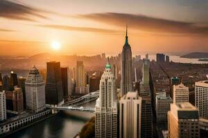 the sun rises over the city skyline in new york. AI-Generated photo