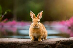 a rabbit sitting on a rock near a pond. AI-Generated photo