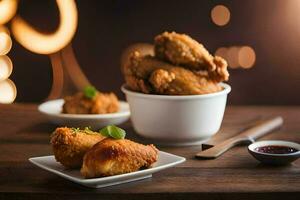 chicken wings on a plate with sauce and a fork. AI-Generated photo