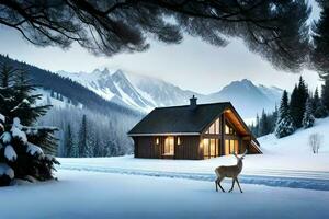 a deer stands in front of a cabin in the snow. AI-Generated photo