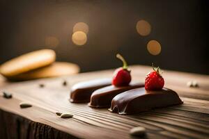 chocolate covered strawberries on a wooden table. AI-Generated photo