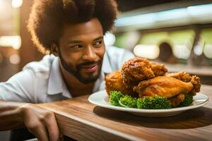 a man with afro hair is smiling while holding a plate of fried chicken. AI-Generated photo