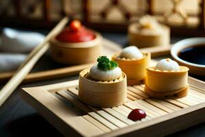 a bamboo tray with small dumplings and chopsticks. AI-Generated photo