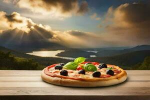 pizza on a table with mountains in the background. AI-Generated photo