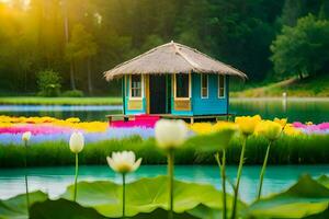 a small hut sits on the edge of a lake surrounded by flowers. AI-Generated photo