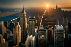 the sun rises over the city skyline in new york. AI-Generated photo