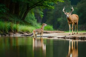 a deer and its fawn stand in the water. AI-Generated photo