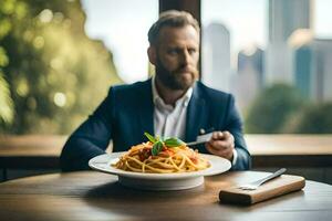 a man in a suit is eating spaghetti. AI-Generated photo