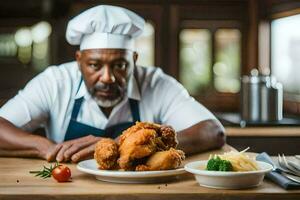 a chef sitting at a table with a plate of fried chicken. AI-Generated photo