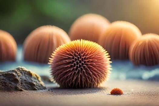 un grupo de puntiagudo pelotas en el playa. generado por ai foto