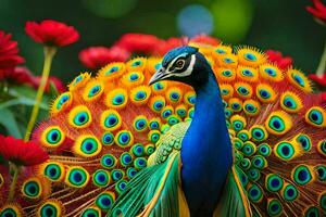 a peacock is standing in front of some flowers. AI-Generated photo