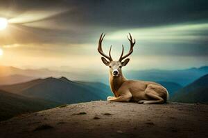 a deer is sitting on top of a mountain at sunset. AI-Generated photo