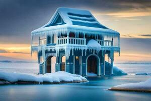 a small house in the middle of a frozen lake. AI-Generated photo