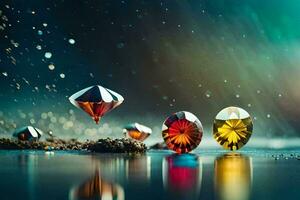 a group of colorful crystals sitting on the water. AI-Generated photo