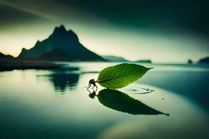 un hoja es sentado en el agua con un montaña en el antecedentes. generado por ai foto