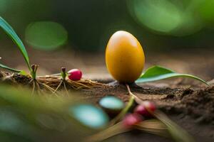 a yellow egg is sitting on the ground with leaves. AI-Generated photo