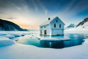 a house in the middle of an ice floe. AI-Generated photo