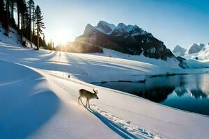 a deer stands in the snow near a lake. AI-Generated photo