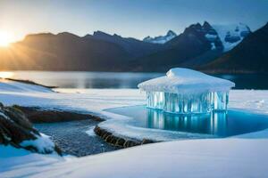 un congelado lago en el montañas con un pequeño iceberg. generado por ai foto