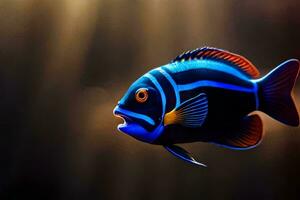 a blue and orange fish with a bright light. AI-Generated photo