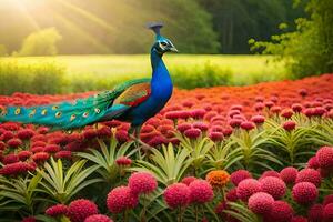 photo wallpaper the sun, flowers, peacock, flowers, peacock, flowers, peacock. AI-Generated